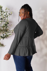 Elegant Double Take Half Button Ruffle Hem Long Sleeve Blouse for Women